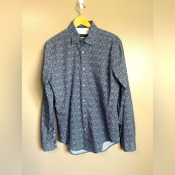 4/$25 Zara man slim fit micro floral navy blue button up shirt medium preppy - Picture 1 of 7